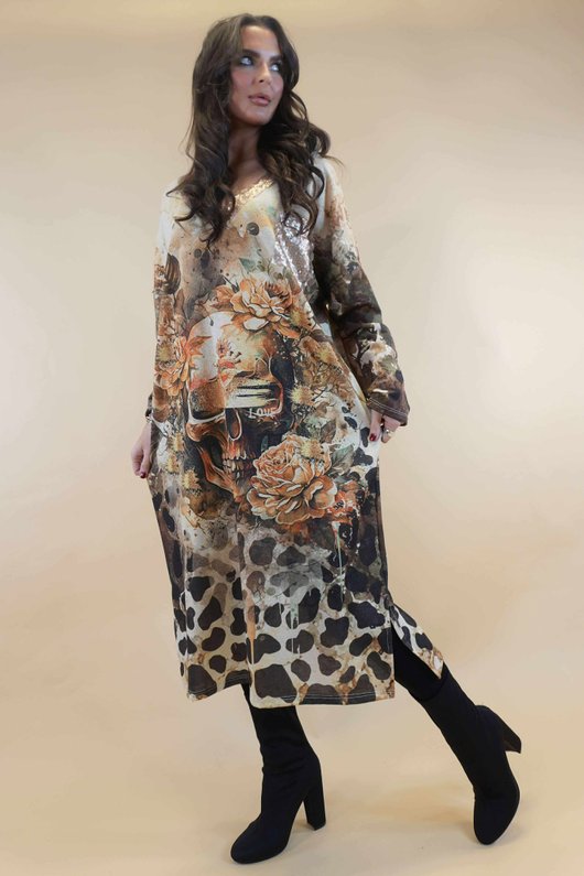 Ezra T Shirt Midi Dress Skull & Roses  /10=